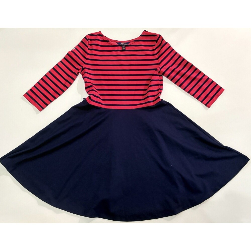 Polo Ralph Lauren Girls XL (16) Dress Pink Navy Stripe Fit Flare